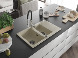 Mexen Gaspar évier en granit 1,5 bac avec égouttoir et robinet Aster, beige - 6507-69-73450-07-B