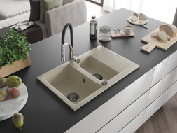 Mexen Gaspar évier en granit 1,5 bac avec égouttoir et robinet de cuisine Aster, beige - 6507-69-73450-07-B