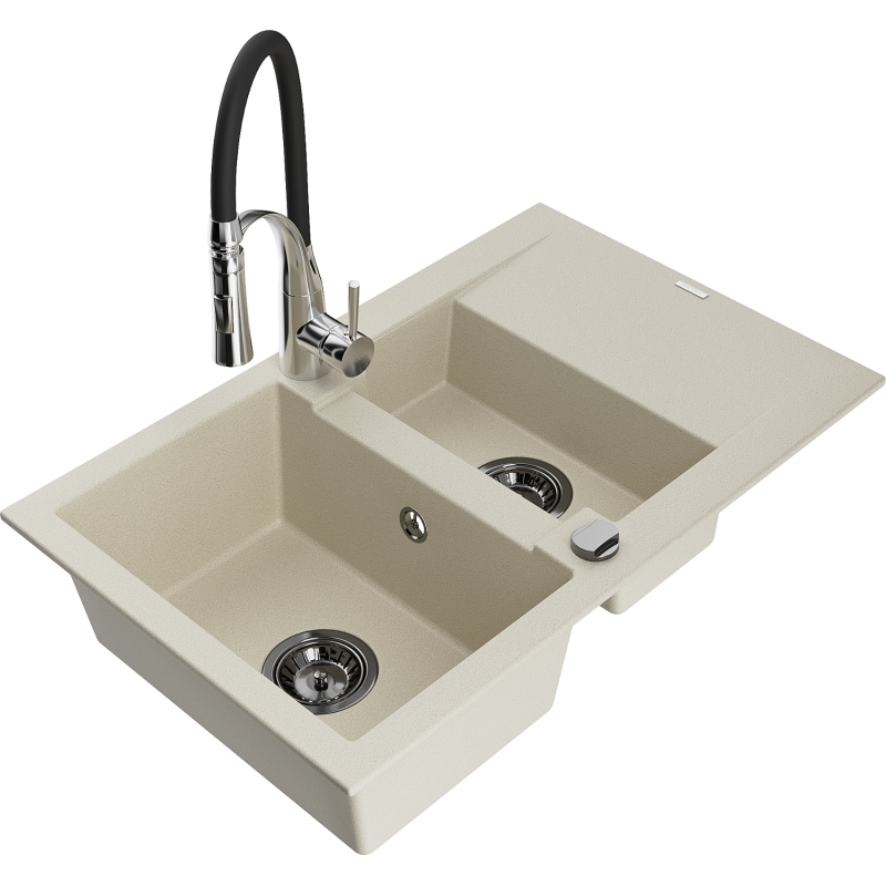 Mexen Gaspar évier en granit 1,5 bac avec égouttoir et robinet de cuisine Aster, beige - 6507-69-73450-07-B