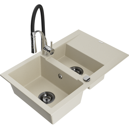 Mexen Gaspar évier en granit 1,5 bac avec égouttoir et robinet Aster, beige - 6507-69-73450-07-B