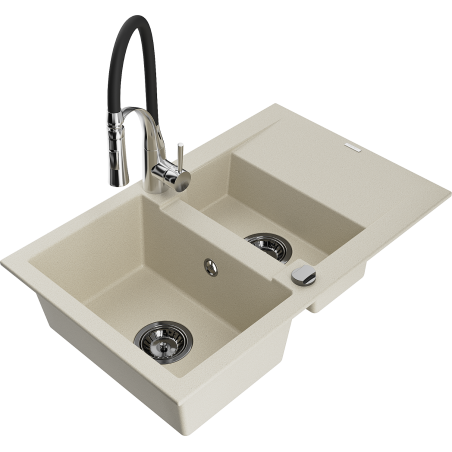 Mexen Gaspar évier en granit 1,5 bac avec égouttoir et robinet de cuisine Aster, beige - 6507-69-73450-07-B