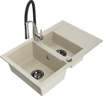 Mexen Gaspar évier en granit 1,5 bac avec égouttoir et robinet Aster, beige - 6507-69-73450-07-B