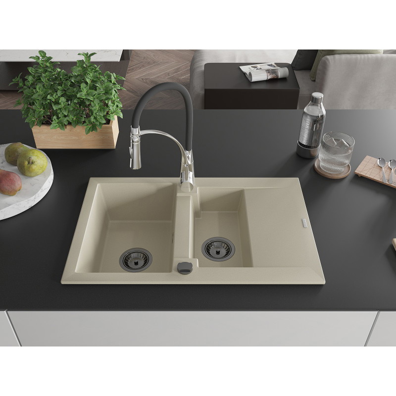 Mexen Gaspar évier en granit 1,5 bac avec égouttoir et robinet de cuisine Aster, beige - 6507-69-73450-07-B