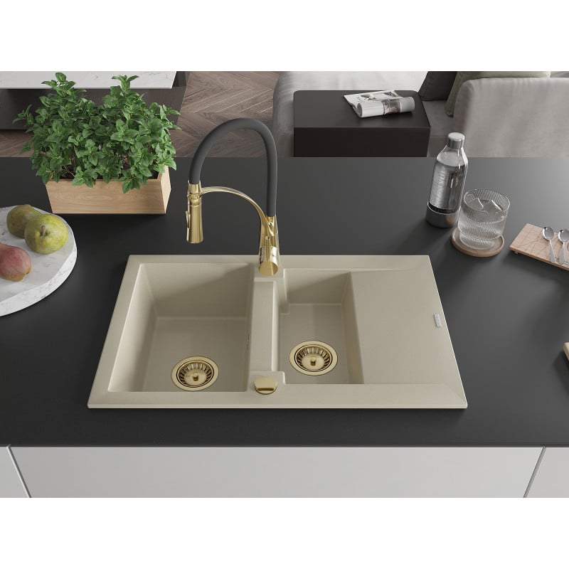 Mexen Gaspar évier en granit 1,5 bac avec égouttoir et robinet de cuisine Aster, beige - 6507-69-73450-57-G
