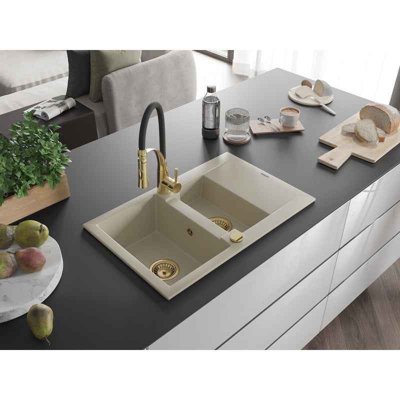 Mexen Gaspar évier en granit 1,5 bac avec égouttoir et robinet de cuisine Aster, beige - 6507-69-73450-57-G