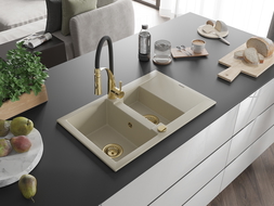 Mexen Gaspar évier en granit 1,5 bac avec égouttoir et robinet de cuisine Aster, beige - 6507-69-73450-57-G