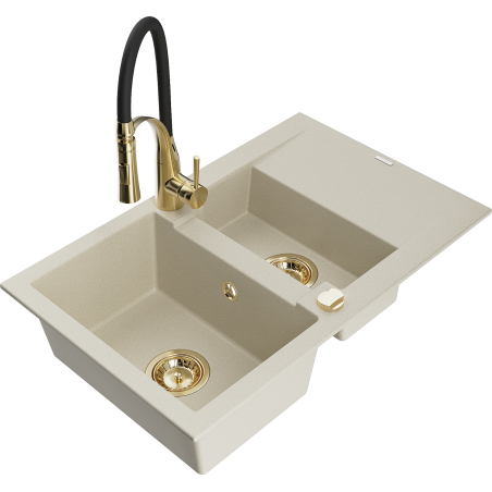 Mexen Gaspar évier en granit 1,5 bac avec égouttoir et robinet de cuisine Aster, beige - 6507-69-73450-57-G