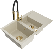 Mexen Gaspar évier en granit 1,5 bac avec égouttoir et robinet de cuisine Aster, beige - 6507-69-73450-57-G