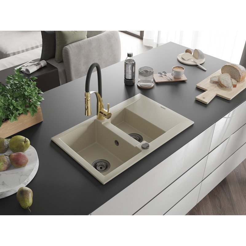 Mexen Gaspar évier en granit 1,5 bac avec égouttoir et mitigeur de cuisine Aster, beige - 6507-69-73450-57-B