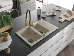 Mexen Gaspar évier en granit 1,5 bac avec égouttoir et robinet Aster, beige - 6507-69-73450-57-B