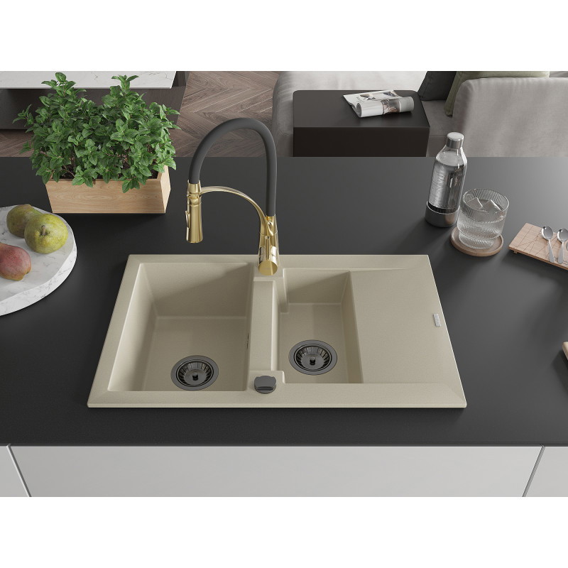 Mexen Gaspar évier en granit 1,5 bac avec égouttoir et mitigeur de cuisine Aster, beige - 6507-69-73450-57-B