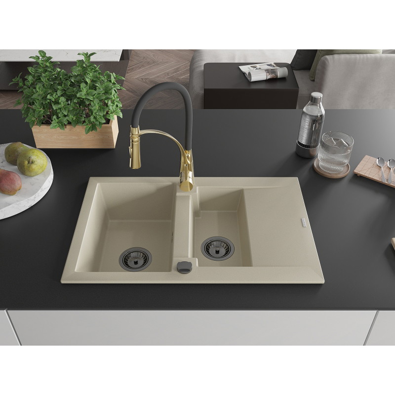 Mexen Gaspar évier en granit 1,5 bac avec égouttoir et robinet de cuisine Aster, beige - 6507-69-73450-57-B