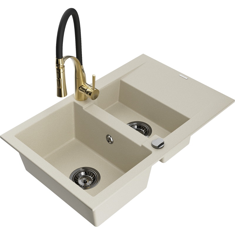 Mexen Gaspar évier en granit 1,5 bac avec égouttoir et robinet de cuisine Aster, beige - 6507-69-73450-57-B