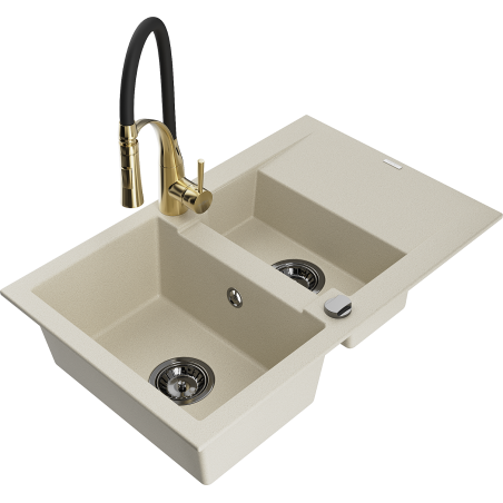 Mexen Gaspar évier en granit 1,5 bac avec égouttoir et robinet de cuisine Aster, beige - 6507-69-73450-57-B