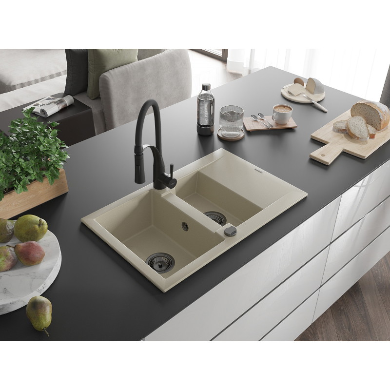 Mexen Gaspar évier en granit 1,5 bac avec égouttoir et robinet de cuisine Aster, beige - 6507-69-73450-70-B