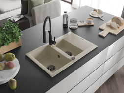 Mexen Gaspar évier en granit 1,5 bac avec égouttoir et robinet de cuisine Aster, beige - 6507-69-73450-70-B