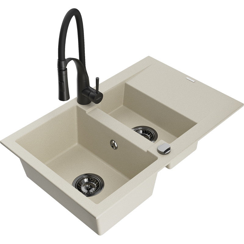 Mexen Gaspar évier en granit 1,5-bassins avec égouttoir et robinet de cuisine Aster, beige - 6507-69-73450-70-B