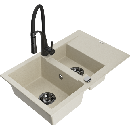 Mexen Gaspar évier en granit 1,5 bac avec égouttoir et robinet de cuisine Aster, beige - 6507-69-73450-70-B