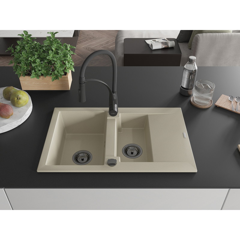 Mexen Gaspar évier en granit 1,5 bac avec égouttoir et robinet de cuisine Aster, beige - 6507-69-73450-70-B