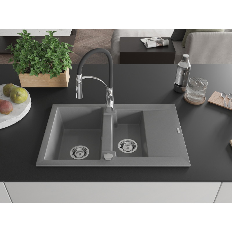Mexen Gaspar évier en granit 1,5 bac avec égouttoir et robinet de cuisine Aster, gris - 6507-71-73450-07