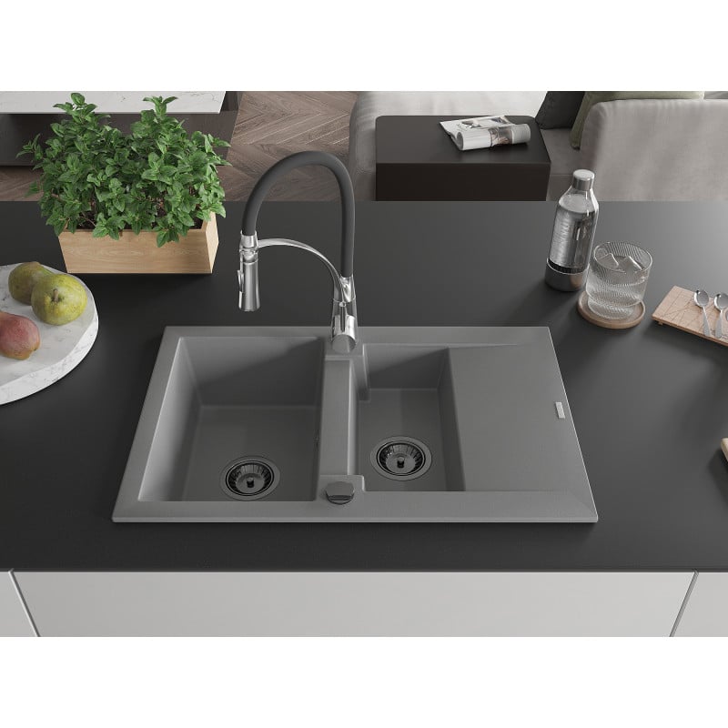 Mexen Gaspar évier en granit 1,5 bac avec égouttoir et robinet de cuisine Aster, gris - 6507-71-73450-07-B