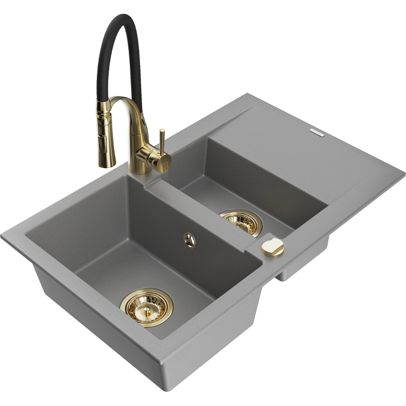 Mexen Gaspar évier en granit 1,5 bac avec égouttoir et robinet de cuisine Aster, gris - 6507-71-73450-57-G