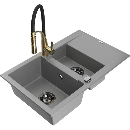 Mexen Gaspar évier en granit 1,5 bac avec égouttoir et robinet de cuisine Aster, gris - 6507-71-73450-57-B