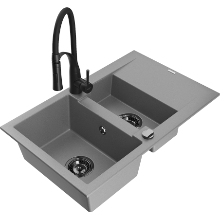 Mexen Gaspar évier en granit 1,5 bac avec égouttoir et robinet de cuisine Aster, gris - 6507-71-73450-70-B