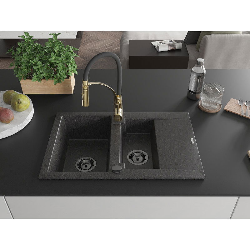 Mexen Gaspar évier en granit 1,5 bac avec égouttoir et robinet de cuisine Aster, noir moucheté - 6507-76-73450-57-B