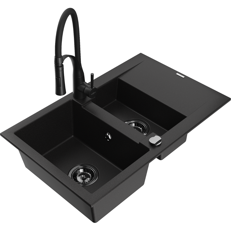 Mexen Gaspar évier granit 1,5 bac avec égouttoir et mitigeur Aster, noir - 6507-77-73450-70-B