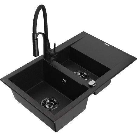 Mexen Gaspar évier granit 1,5 bac avec égouttoir et mitigeur Aster, noir - 6507-77-73450-70-B