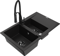 Mexen Gaspar évier granit 1,5 bac avec égouttoir et mitigeur Aster, noir - 6507-77-73450-70-B