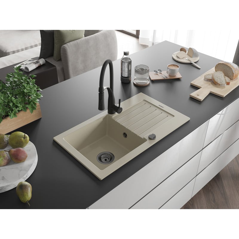 Mexen Pablo évier en granit 1 cuve avec égouttoir et robinet de cuisine Aster, beige - 6510-69-73450-70-B