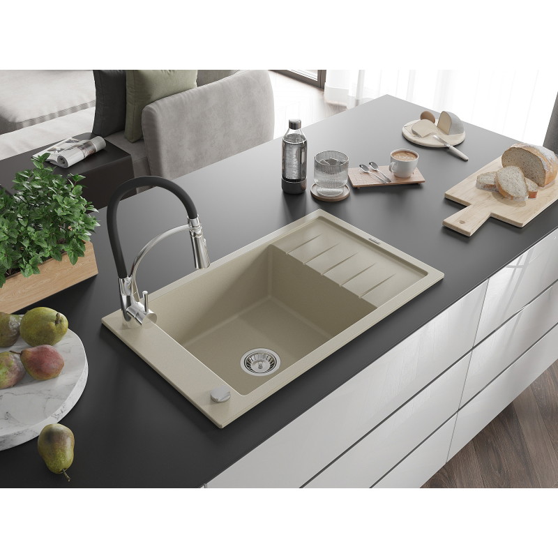 Mexen Elias évier en granit 1 cuve avec égouttoir et robinet de cuisine Aster, beige - 6511-69-73450-07