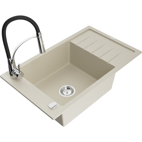 Mexen Elias évier en granit 1 cuve avec égouttoir et robinet de cuisine Aster, beige - 6511-69-73450-07