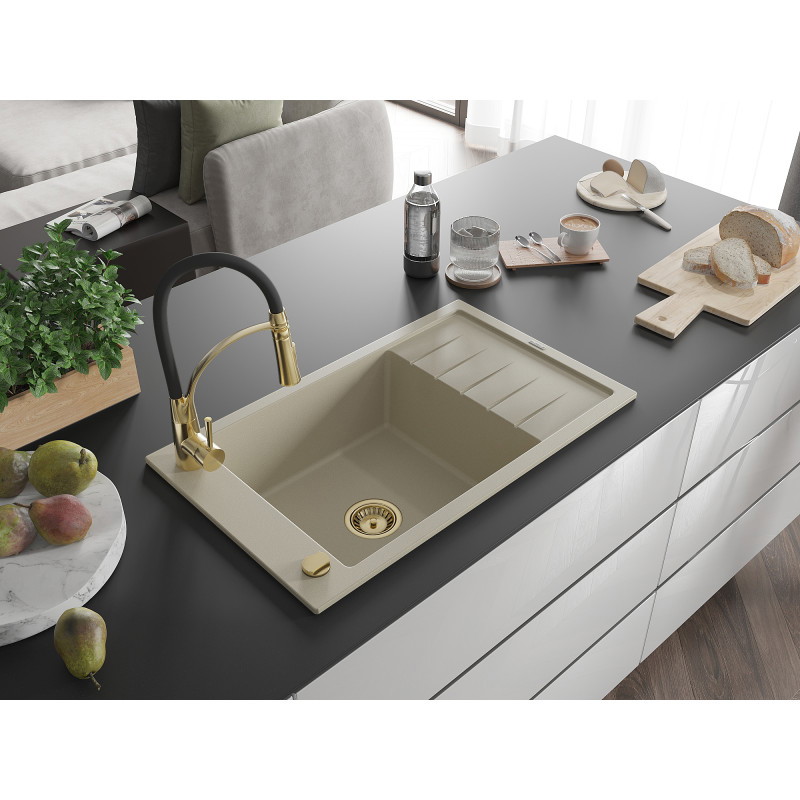 Mexen Elias évier en granit 1 bac avec égouttoir et robinet de cuisine Aster, beige - 6511-69-73450-57-G
