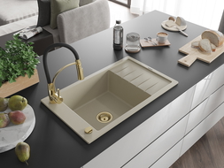 Mexen Elias évier en granit à 1 vasque avec égouttoir et robinet Aster, beige - 6511-69-73450-57-G