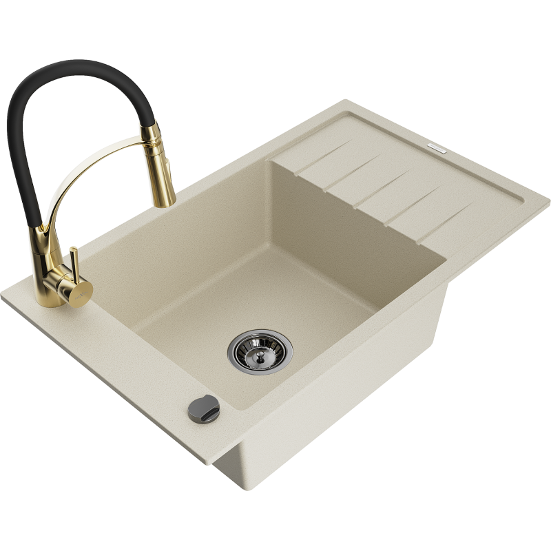 Mexen Elias évier en granite 1 bac avec égouttoir et robinet de cuisine Aster, beige - 6511-69-73450-57-B