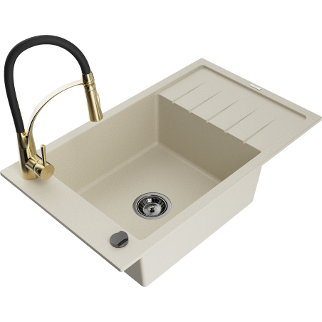 Mexen Elias évier en granite 1 bac avec égouttoir et robinet de cuisine Aster, beige - 6511-69-73450-57-B
