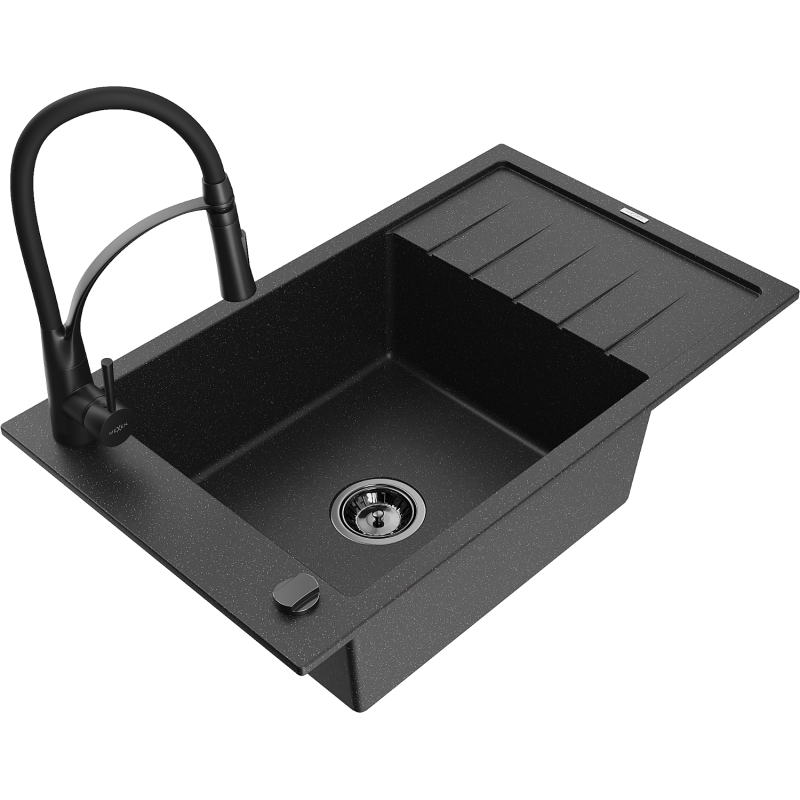 Mexen Elias évier en granit à 1 bac avec égouttoir et robinet de cuisine Aster, noir/métallisé argenté