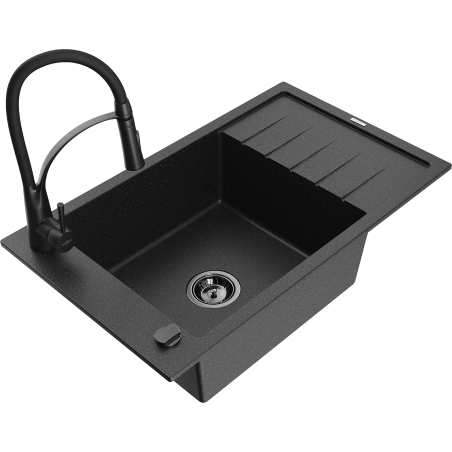 Mexen Elias évier en granit à 1 bac avec égouttoir et robinet de cuisine Aster, noir/métallisé argenté