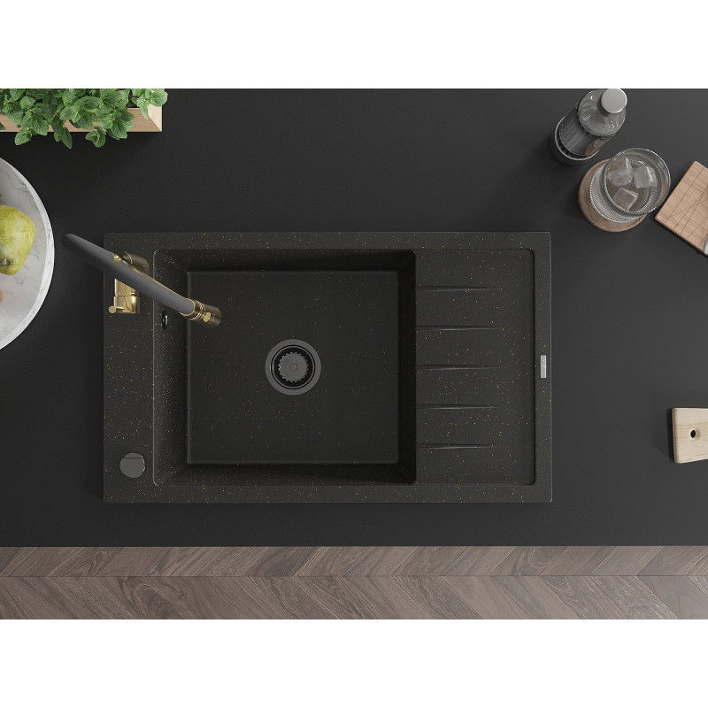 Mexen Elias évier en granit à 1 bac avec égouttoir et robinet de cuisine Aster, noir/métallique doré - 6511-75-73450-57-B