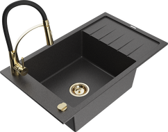 Mexen Elias évier de cuisine en granit 1 bac avec égouttoir et robinet de cuisine Aster, noir moucheté - 6511-76-73450-57-G
