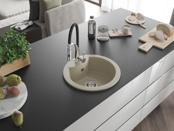 Mexen Diego évier en granit 1 bac avec robinet de cuisine Aster, beige - 6512-69-73450-07
