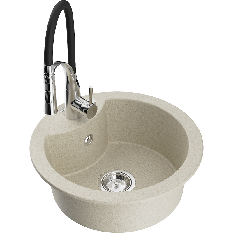 Mexen Diego évier en granit 1 bac avec robinet de cuisine Aster, beige - 6512-69-73450-07