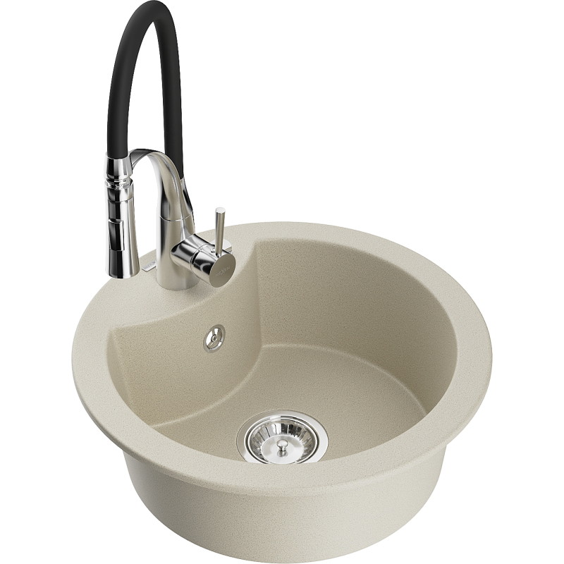 Mexen Diego évier en granit à 1 bac avec robinet de cuisine Aster, beige - 6512-69-73450-07