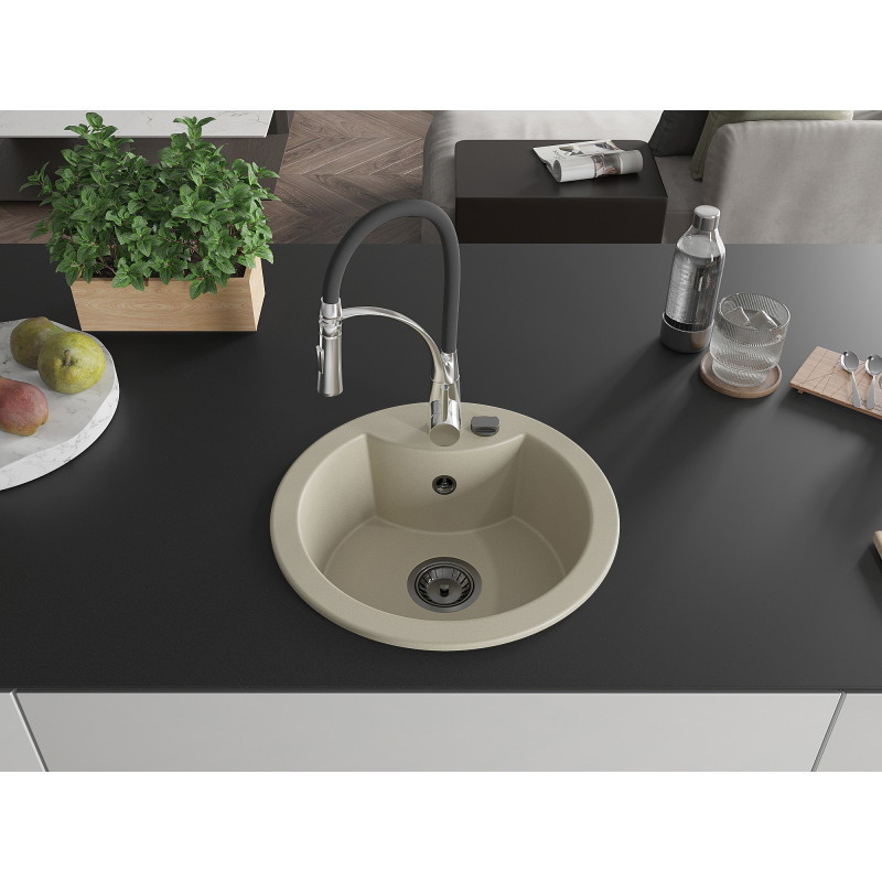 Mexen Diego évier en granit 1 bac avec robinet de cuisine Aster, beige - 6512-69-73450-07-B