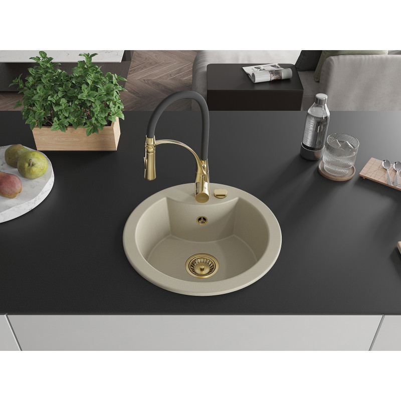 Mexen Diego évier en granit 1-bac avec robinet de cuisine Aster, beige - 6512-69-73450-57-G