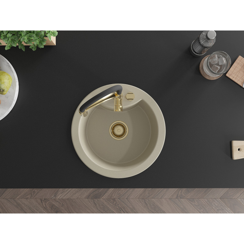 Mexen Diego évier en granit 1-bac avec robinet de cuisine Aster, beige - 6512-69-73450-57-G
