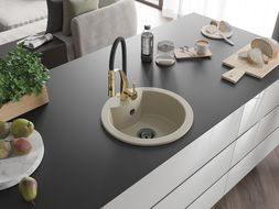 Mexen Diego évier en granit 1 bac avec robinet de cuisine Aster, beige - 6512-69-73450-57-B